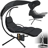 tectake® Hängeliege mit Gestell, Schwebeliege, Schwingliege mit Sonnendach, Schaukelliege, Hängesessel inkl. Tasche, Polsterauflage mit Kopfkissen, für Garten, Terrasse und Balkon - schw