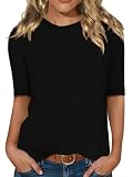 Minetom Damen Halbarm T-Shirt Rundhals Sommer Tshirt Leichte Einfarbig Oberteil Basic Tops A Schwarz L