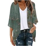 Keepink Damen-Strickjacken, UK-Sommer, lang, Cardigan, Tops, Hawaii, Blumendruck, 3/4-Ärmel, lockere Chiffon-Kimono-Strickjacke, offene Vorderseite, Pullover, Strandvertuschung, 22 x Grün, 34