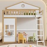 I0I&I0I Etagenbett Hausbett mit Treppe, Dach und Fenster, 90x200cm, Kinderbett mit Fallschutz, Gitter, Kiefer + MDF (Weiß+Natur)