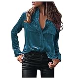 Samt Oberteil Damen Langarm, Bluse Damen Knopfleiste,Langarmshirt Hemd Regular Fit V Ausschnitt mit Taschen Hemdbluse Einfarbig Wildleder Oberteil Retro Blusen Herbst Winter für F