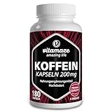 Koffein Kapseln hochdosiert, 180 Kapseln mit 200 mg reinem Koffein Pulver für 6 Monate, 2 Tassen Kaffee in einer Kapsel, Nahrungsergänzung ohne unnötige Zusatzstoffe, Made in Germany