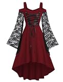 Damen Karneval Kleid Spitzenärmeln Schulterfrei Gotische Vintage Hexenkostüm Rockabilly Festliches Kleider Vampir Cosplay Halloween Kostüm Schnürung Mittelalter Cocktailkleid(Weinrot,S)