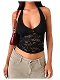 GORGLITTER Damen Neckholder Top mit Spitzen Crop Tops Trägertop Bauchfrei Spitztops Tanktops Schwarz M
