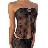 Briskorry Damen Y2k Tube Top Trägerlos Spitze Crop Tops Mesh Patchwork Oberteil Asymmetrisch Teenager Mädchen Ästhetische Streetwear Sexy Slim Fit Clubwear Party Club