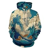 HZCRAES Unisex 3D Kapuzenpullover Hoodie Mit Ukiyo-E-Wellen, Große Größen Lässiger Sweatshirt Mit Japanische Ästhetik Blau-Weiß Taschenpullover, S Bis 6XL, Langärmelig Streetwear Kapuzenjack