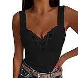 Damen Top Flügelärmel Tops Rundhals Oberteil Spitzentop Elegant Shirts mit Spitzeneinsatz (Schwarz, XL)