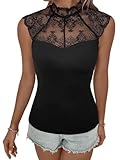 GORGLITTER Damen Spitzen Oberteil Ohne Ärmeml Tops T-Shirt Sommer Spitzentop Strickshirt mit Stehkragen Schwarz M