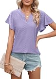 Heersan Tshirt Damen Kurzarm Bluse V Ausschnitt Musselin Casual Sommer Einfarbig Oberteile mit Rüschenärmeln Lässig Tunika für D