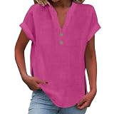 Damen T-Shirt 2025 Sommer V-Ausschnitt Baumwolle-Lin Blend Kurzarm Oberteile mit Knopfleiste Casual Basic Rosa L