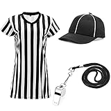 Geyoga Schiedsrichter-Notwendigkeiten-Set für Damen, V-Ausschnitt, Beamte, schwarz und weiß gestreift, offizielles Jersey-Shirt, Empire-Hut, Edelstahl, Ref-Erbsenpfeife mit Schlüsselband (Medium)