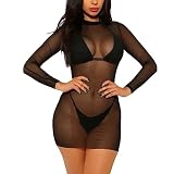 NewBull Damen Badeanzug Cover Up Langes Strandkleid Bikini Schwimmbekleidung Durchsichtiges Blusenkleid Kleid Minirock mit Langen Ärmeln Feines Netz Rundhalsausschnitt Minikleid Sommertop (Schwarz)