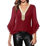YCBMINGCAN Damen Glitzer Oberteile Langarm V-Ausschnitt Pailletten Bluse - Silvester Outfit Festliche Tunika Elegant Party Oberteil - Trompetenärmel Volant Shirt Sexy Karneval Kostüm Schlagerparty