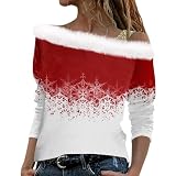 Damen Weihnachten Langarmshirt Elegant T-Shirt Basic Langarm Bluse 2024 Mode Oberteil Shirt Locker Hemd Pullover Casual Tops Sportshirt Black Friday Angebote(A20 White,XL)
