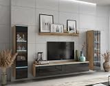 MINIO go for it - Wohnwand 4-Teilig Set Veve 2 I Hängend oder Stehend I 2X Hochschrank-Vitrine I Lowboard I Wandboard I Laminierte Spannplatte I Wotan Eiche und Schwarz Gloss - ohne Beleuchtung