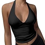 2025 Frühjahrstanktops für Damen, lässiges Hemd, bauchfreies Top mit Schnürung am Rücken, sexy tiefer V-Ausschnitt, ärmelloses Camisole lässiges Workout-Tanktop für Damen 2025, Schwarz , M