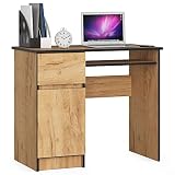 AKORD Piksel Schreibtisch Klein mit Schubladen | Computertisch | Bürotisch mit Tastaturablage | Schublade und Fach mit Tür | B90 x H77 x T50 cm | 30 kg | Schrank Links | Farbe: Handwerk E