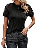 BLENCOT Damen T-Shirt Rundhals Kurzarm Sommer Spitzenshirt Einfarbig Klassic Tops Büro Casual Ob