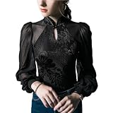 Samt-Oberteile Für Damen Mit Langen Ärmeln, Retro-Stehkragen, Langärmeliges Laternenärmel-Bottom-Shirt, Frühlings- Und Herbst-Oberteile, Schmale Vintage-Samt-Oberteile, Streetwear, W