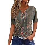 Shirt Damen Lässig Uv Shirt Weiße Bluse V-Ausschnitt Blumen Bedruckt Henley Shirt Mit Knopfleiste Locker Blusenshirt Musselin Bluse Papa Shirt (Armeegrün, L)
