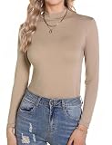 Aottori Langarmshirt Damen Stehkragen Oberteile Elegant Rollkragenpullover Langarm T-Shirt Einfarbig Tops Slim Fit Wandershirt Casual für Herbst Winter Khaki L