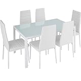 tectake® Küchentisch mit Stühlen, Esstisch und 6er Set Esszimmerstühle, Küchenstühle modern, Sitzgruppe Küche, Küchenmöbel, Hochglanz Glastisch, Esszimmer, Essstühle für Küchentresen - weiß/weiß