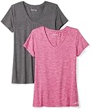 Amazon Essentials Damen Tech-Stretch-T-Shirt mit kurzen Ärmeln und V-Ausschnitt (erhältlich in Übergröße), 2er-Pack, Dunkelgrau Meliert Space-dye/Himbeerrot Space-dye, S