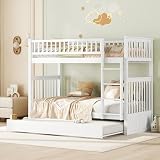 Huayz Kinderbett Etagenbett 90×200 cm mit Leiter, Hochbett Doppelbett mit Ausziehbares Rollbett für 2-3 Kinder, Holzbett mit Rausfallschutz und Lattenrost,Ohne Matratze (Weiß)