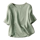 Musselin Bluse Damen Casual Einfarbig Leinenbluse Sommer Tshirt Halbe Ärmel Oberteile Rundhals T Shirt Große Größen Tops Baumwolle Leinenshirt Locker Tunika Leichte T-Shirt Bequem Sommerb