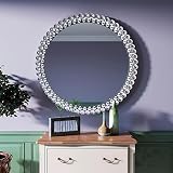 BST FURNH Runder Spiegel Wanddekoration, 60cm, dekorativer Wandspiegel mit Glasrahmen, Kristallrahmen, Strassspiegel für Wand, Silber, dekorative Wandspiegel, runder Spieg