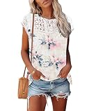 WNEEDU Damen Sommer Tshirt Spitzen Oberteile Kurzarm Top Rundhals Basic Shirt Bluse Elegant 2025 N