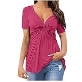 Masrin Trendige Oberteile Damen Knoten Twist Wickelbrust T-Shirt Sexy Einfarbiges Wickelshirt Kurzarm V-Ausschnitt Tunika Sommer Tops Fließendes Plissee Shirt Partywear Strandtunik
