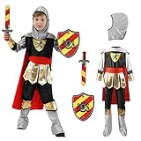Ritter Kostüm Kinder, Junge Ritterkostüm Zubehör mit Ritterhelm Ritterrüstung Ritterschild und Schwert Mittelalter König Ritterkostüm Kinder Junge Karneval Kostüm Kinder Halloween Dress Up Party