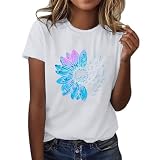 T-Shirt Damen Kurzarm Baumwolle Top Rundhals Curvy Blusen mit Blumen Druck Mode Klassisches Hemd Loose Base Tee Leichtes T-Shirt Damen Signature Einfarbig Basic, Weiß, XXXL