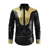 SMUXP Herren Langarmshirts Glänzend Kragen Nachtclub Button Down Shirts Umlegekragen Clubwear mit Patchwork Design, Farbe: Schwarz., XXL