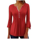 T Shirt Damen 3/4-Ärmel V-Ausschnitt Tunika Knopfleiste Plissiert Sommerblusen Sommer Oberteil Casual Bluse Elegant TopsLeicht Und Luftig Sportshirt Einfarbig Shirt Black Friday for F