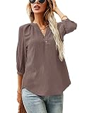 LOMON Damen Casual 3/4 Ärmel Henley V-Ausschnitt Button Up Plissee Rücken Blusen Swiss Dot Bluse Tops T-Shirts S-XXL, Violettgraues Oberteil mit 3/4-Ärmeln, Groß