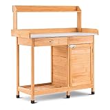 M MCombo Pflanztisch mit Schublade, Ablage, Verzinkter Arbeitsplatte & Schrank, Gärtnertisch Wetterfest mit 3 Haken, Blumentisch Massivholz für Garten, Balkon & Terrasse, 0440 (Natur)