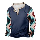 Blitzangebote des Tages Aktuell, Langarmshirt Herren Sport Business Hemd Herren Vintage Muster Langarm Henley Shirt Button Down Rundhals T Shirt Locker Casual Sport Tshirt T-Shirt (Navy,XXL)