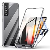 Hülle für Samsung Galaxy S23, Magnetische Adsorption Handyhülle 360 Grad Schutz Aluminiumrahmen mit Gehärtetes Glas, Starke Magneten Stoßfest Metall Flip Case Cover - Silb