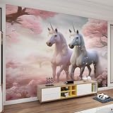 YEMYOR Tapete Mit Verträumtem Rosa Blumenpony, Wandbild Mit Rosa Waldblumen, Niedliche 3D-Wandbilder Mit Pferden, Wandaufkleber, Wanddekoration Aus Seide, Für Wohnzimmer Und Schlafzimmer-350x256