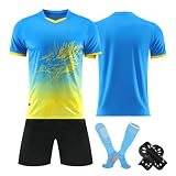 Generisch Trikot Kinder Personalisiert, Fußball Trikots Saison 24/25, Fussballtrikot Jungen, T-Shirt Shorts Socken Und Schienbeinschoner Set Fussball Kleidung Plea (L, Blue)
