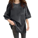 Kobilee Oversized Tshirt Damen - Elegant Große Größen T Shirt Rundhals Oversize Longshirt mit Druck Kurzarm Shirt Weiß Schwarz Tshirt Curvy Mode Locker Kleidung Plus Size 3/4 Arm Long