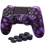 YoRHa Wasser Transfer Druck Schädel Silikon Hülle Abdeckungs Haut Kasten für PS4/slim/Pro Controller x 1 (lila) Mit Pro aufsätze Thumb Grips x 8