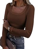 Langarmshirt Damen Sweatshirt Damen Basic Shirt Y2K Oberteile Damen Longshirt Essential Tshirt Elegant U-Ausschnitt Figurbetont Gerippter Strick Top