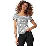 dressforfun 901013 Damen Pailletten Top, Glitzer kurzarm Oberteil, Silber - diverse Größen - (L | Nr. 303713)