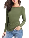 Zeagoo Langarm Shirts Damen T-Shirt Elegant Geripptes Bluse Basic Einfarbig Oberteile Casual U-Boot Ausschnitt Tunika Lockere Pullover DunklesArmeegrün XL