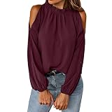 Duohropke Damen Rüschen Stehkragen Shirt Langarm Einfarbig Bluse Long Sleeve Blouse Shirt Top Elegant Volant Ärmel Hemd Lässige Langarmshirt Mode Solide Tunik