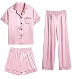 SWOMOG 3-teilige Satin Pyjama Set Damen Schlafanzug mit Knopf Frauen Seide Nachtwäsche Hausanzug Kurz Sommer Pyjama Set Rosa M