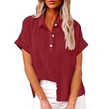 Generisch Sommershirt Damen 2025 Linnen-Baumwolle V-Ausschnitt Kurzarm Bluse Elegant Top Button Tunika Oberteile Rot S